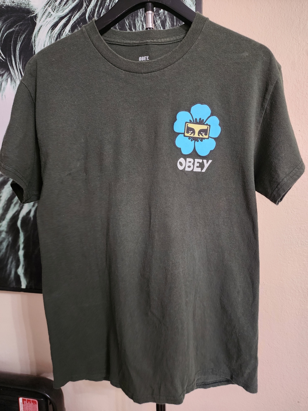 Obey Dark Olive Short-Sleeve Tee with Bright Blue Flower Logo
